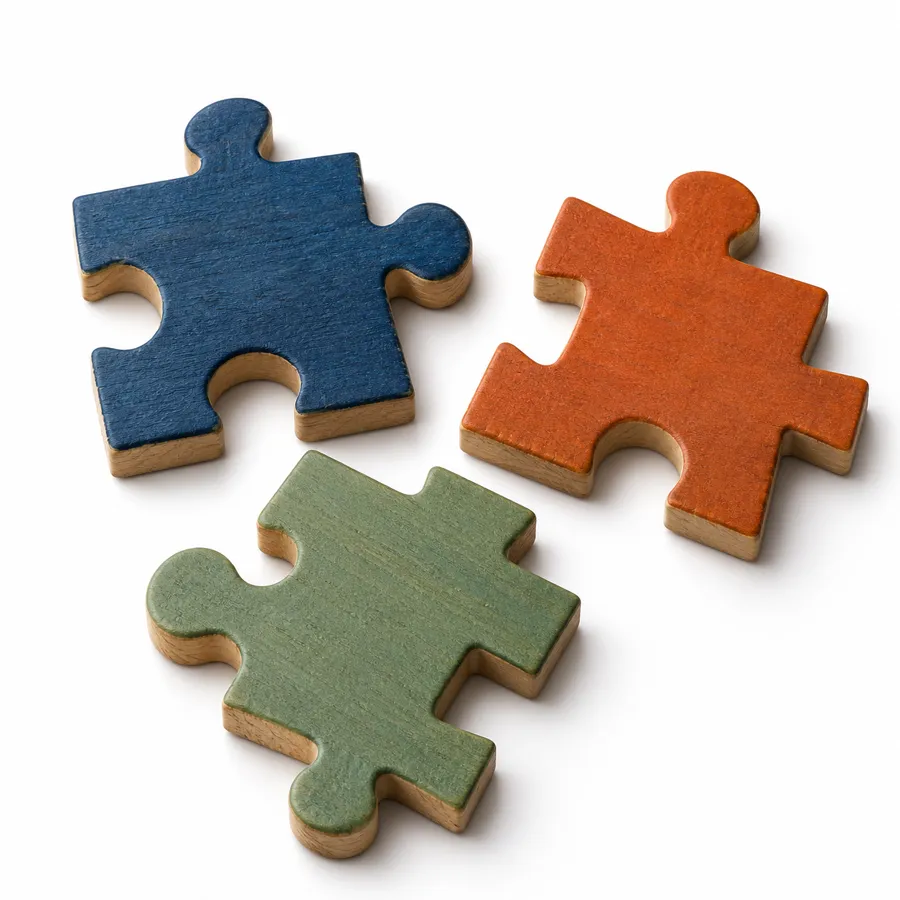 Imagem gerada: três peças de puzzle de jogos diferentes, que não encaixam.